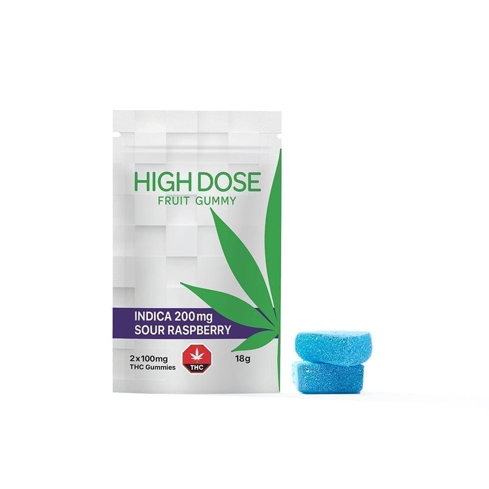 sour raspberry fruit gummies | indica | 200mg thc | high dose